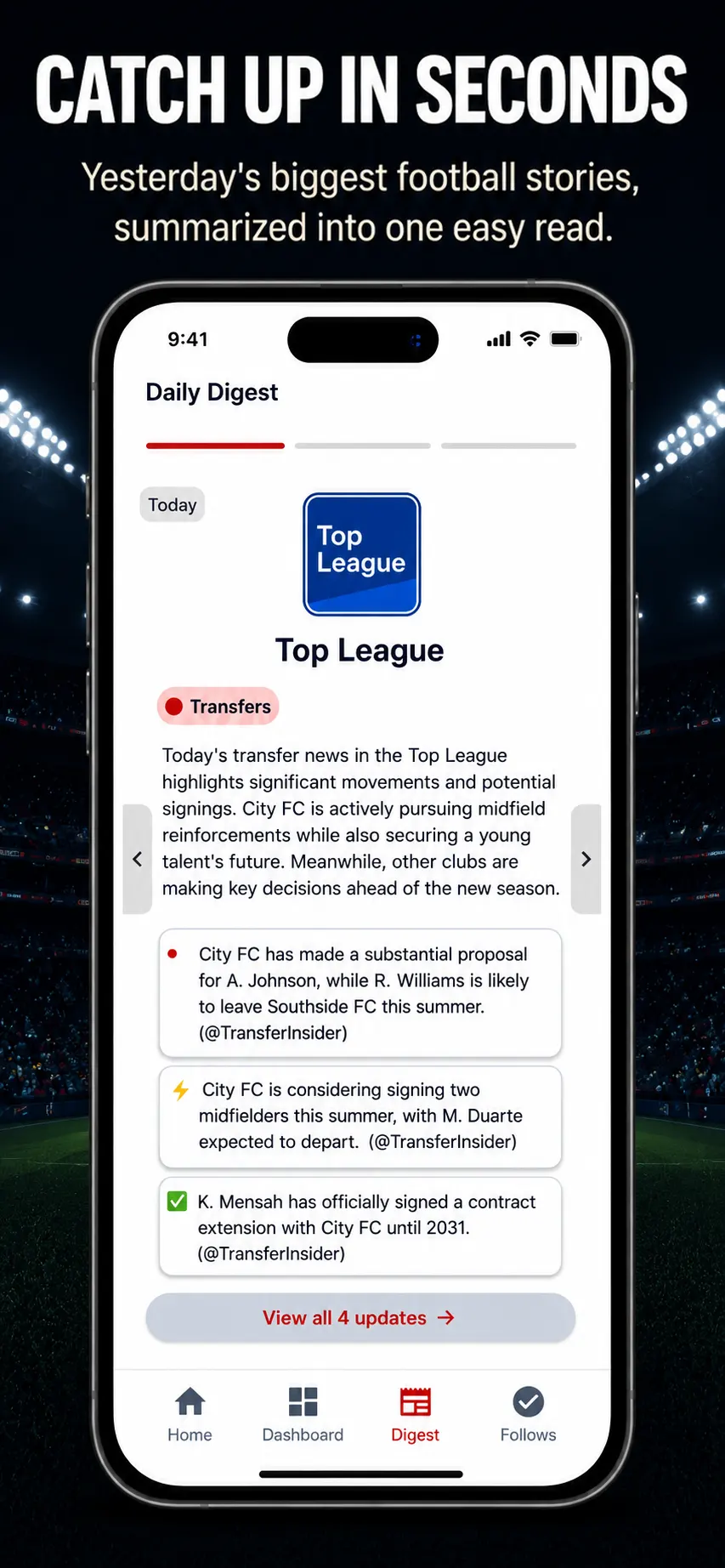 FootPulse daily digest screen