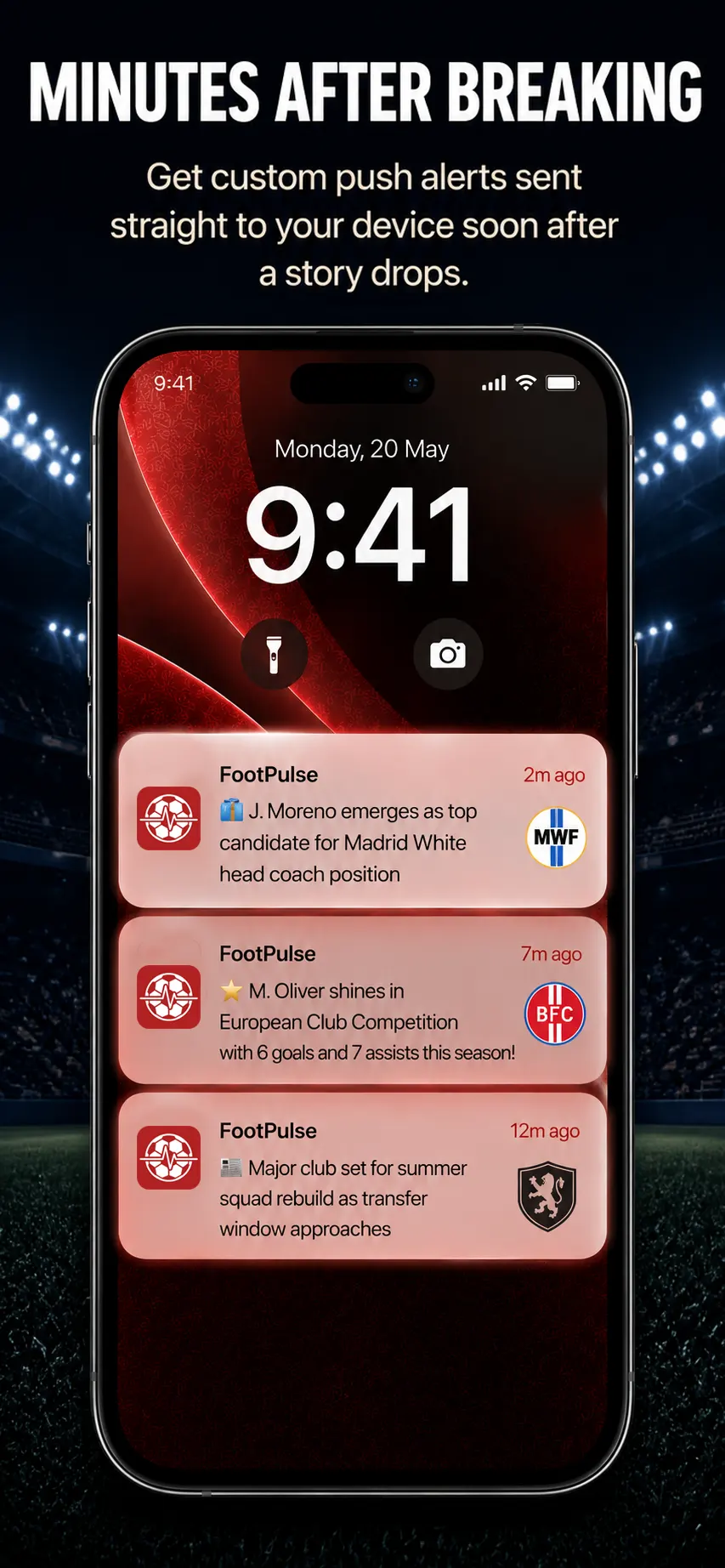 FootPulse home feed screen with update cards