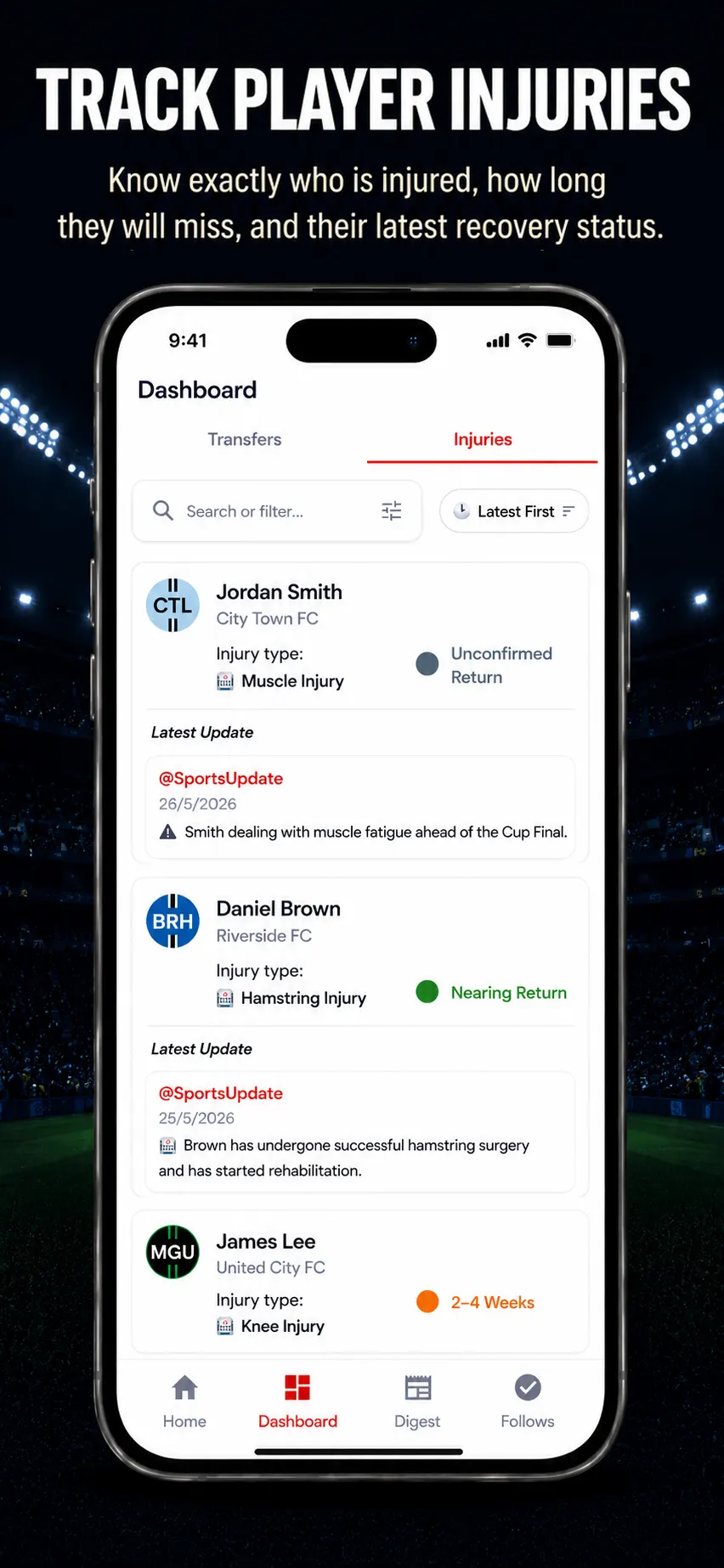 FootPulse injury dashboard screen